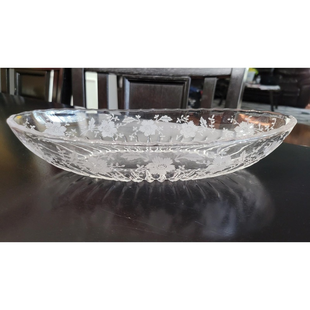 Vintage Forest Damask Etched Glass Pickle Bowl - Picture 3 of 9
